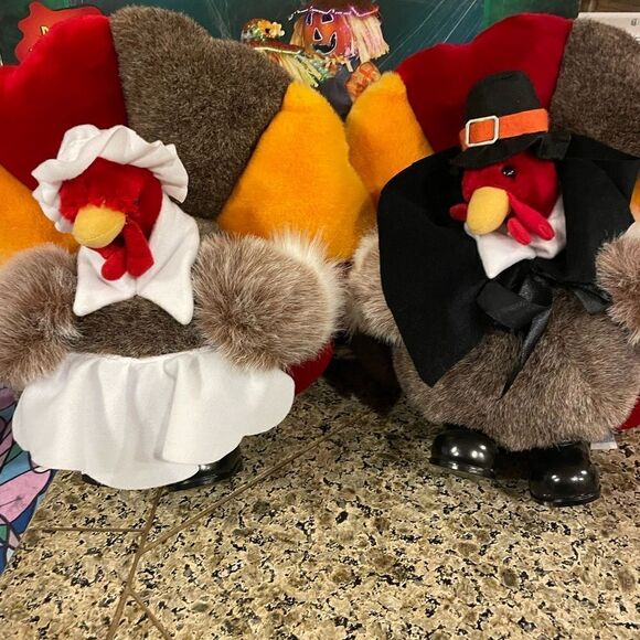 People Pals Vintage Plush Turkey Set Girl and Boy Thanksgiving Decorations - Picture 1 of 16